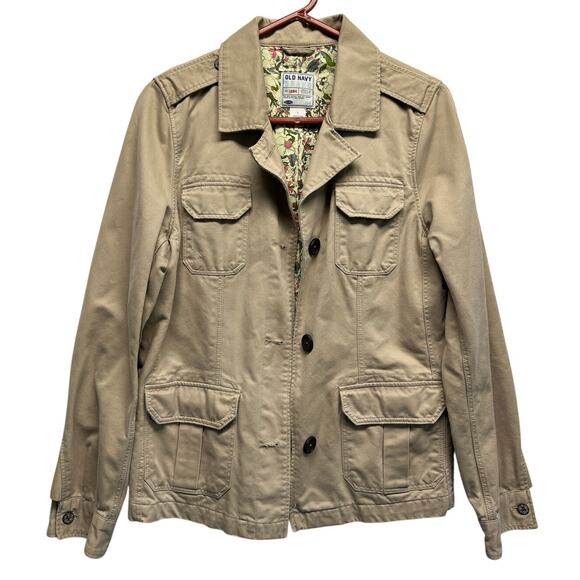 Old Navy Jackets & Blazers - Old Navy Women's Utility Jacket Khaki Beige L Cotton Floral Lined Military Style